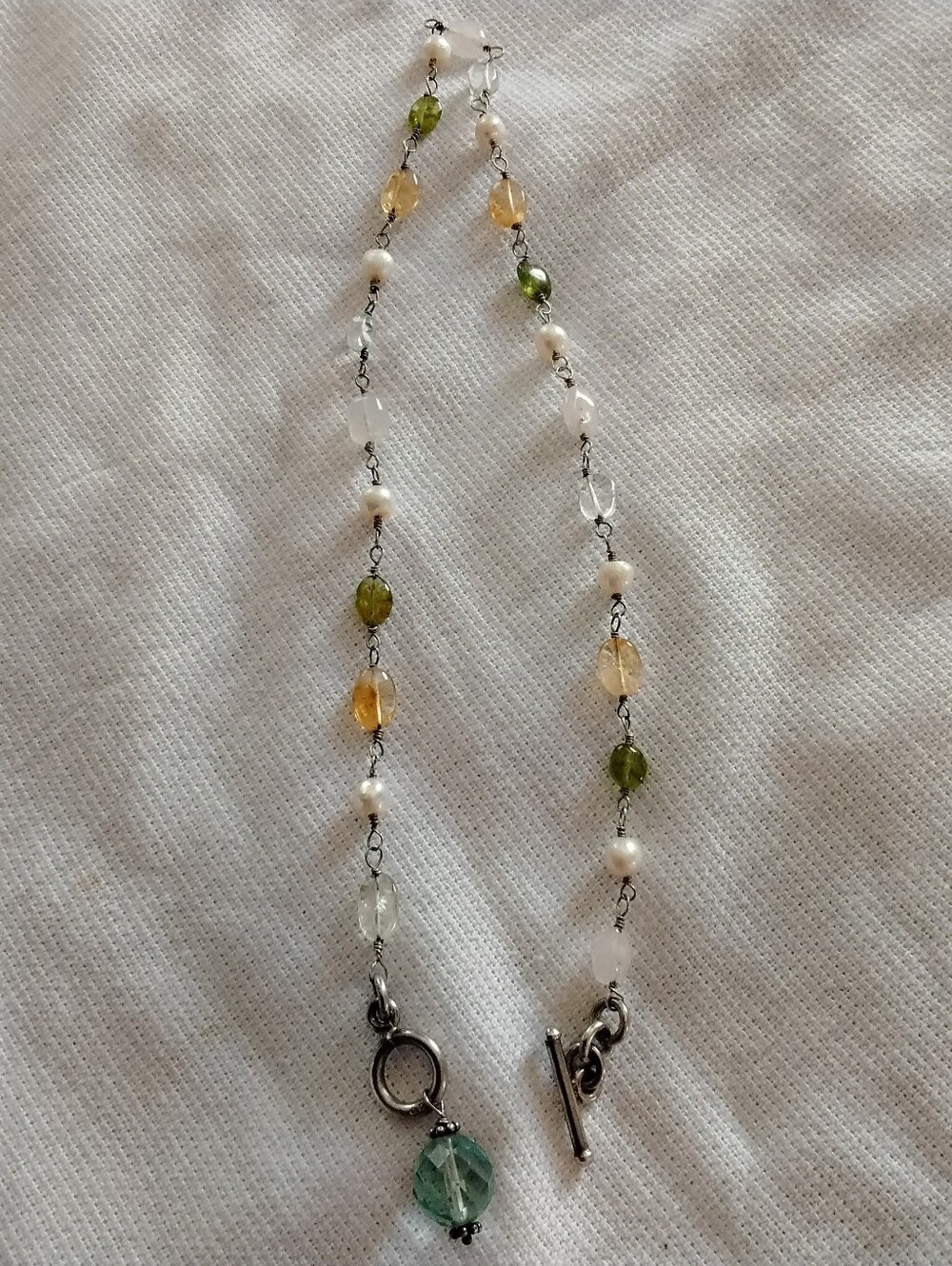 Ss citrine, peridot, aquamarine Pearl toggle necklace